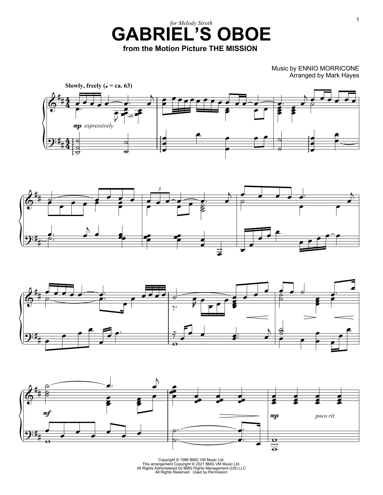Ennio Morricone Gabriel's Oboe (from The Mission) (arr. Mark Hayes) Sheet Music Notes & Chords for Piano Solo - Download or Print PDF