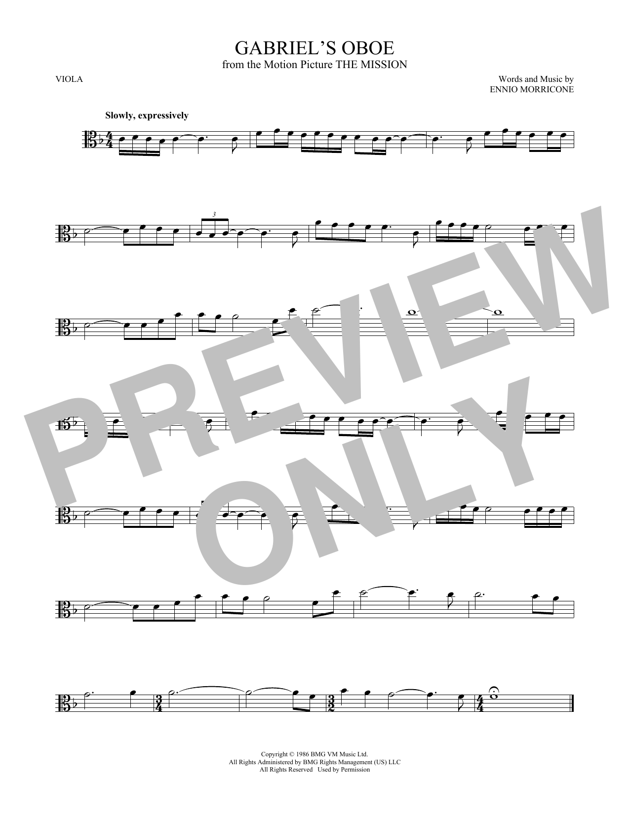 Ennio Morricone Gabriel's Oboe Sheet Music Notes & Chords for Viola Solo - Download or Print PDF