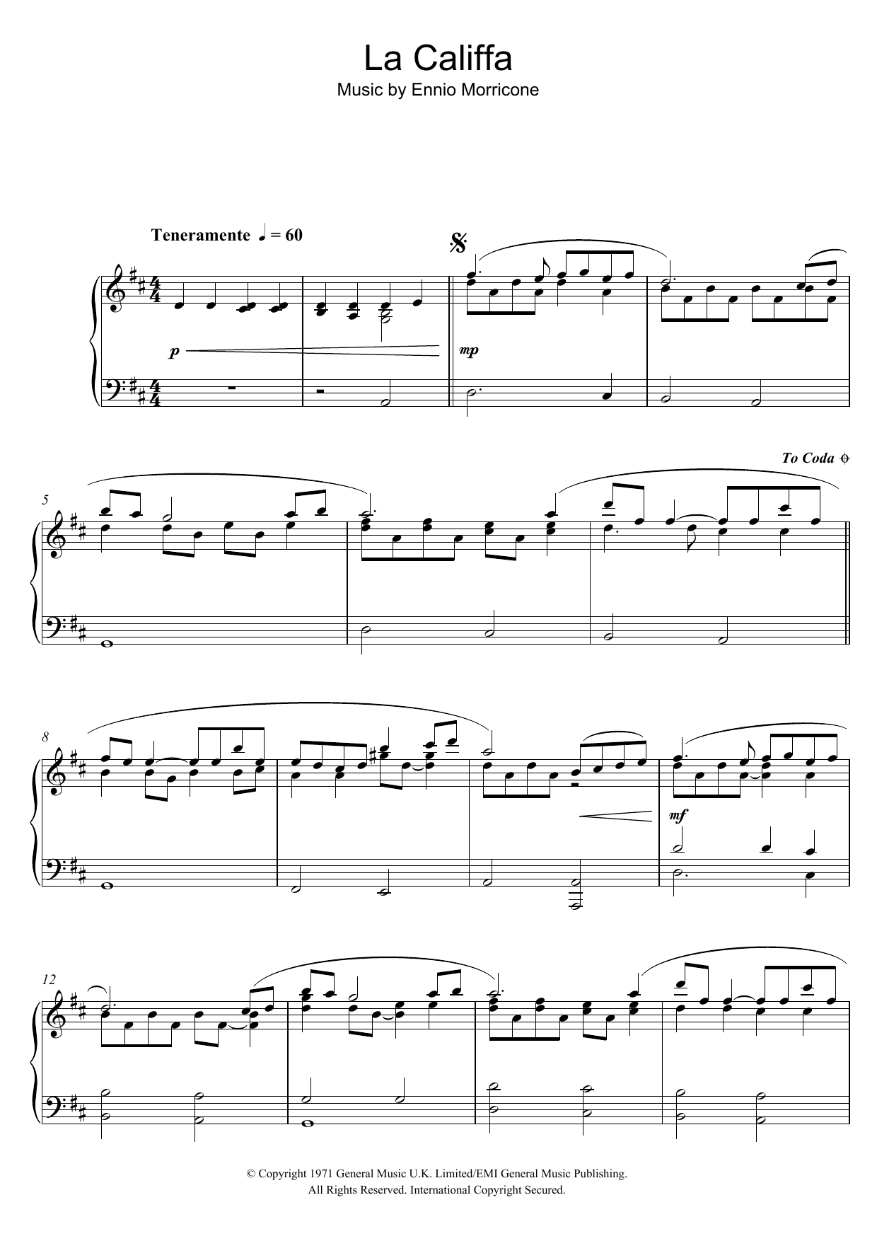 Ennio Morricone La Califfa Sheet Music Notes & Chords for Piano - Download or Print PDF