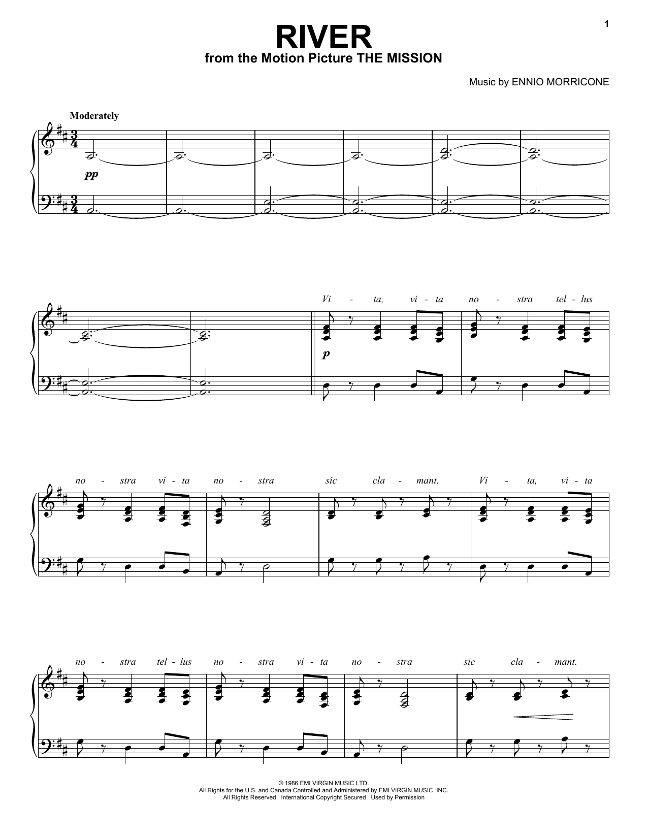 Ennio Morricone River Sheet Music Notes & Chords for Piano, Vocal & Guitar (Right-Hand Melody) - Download or Print PDF
