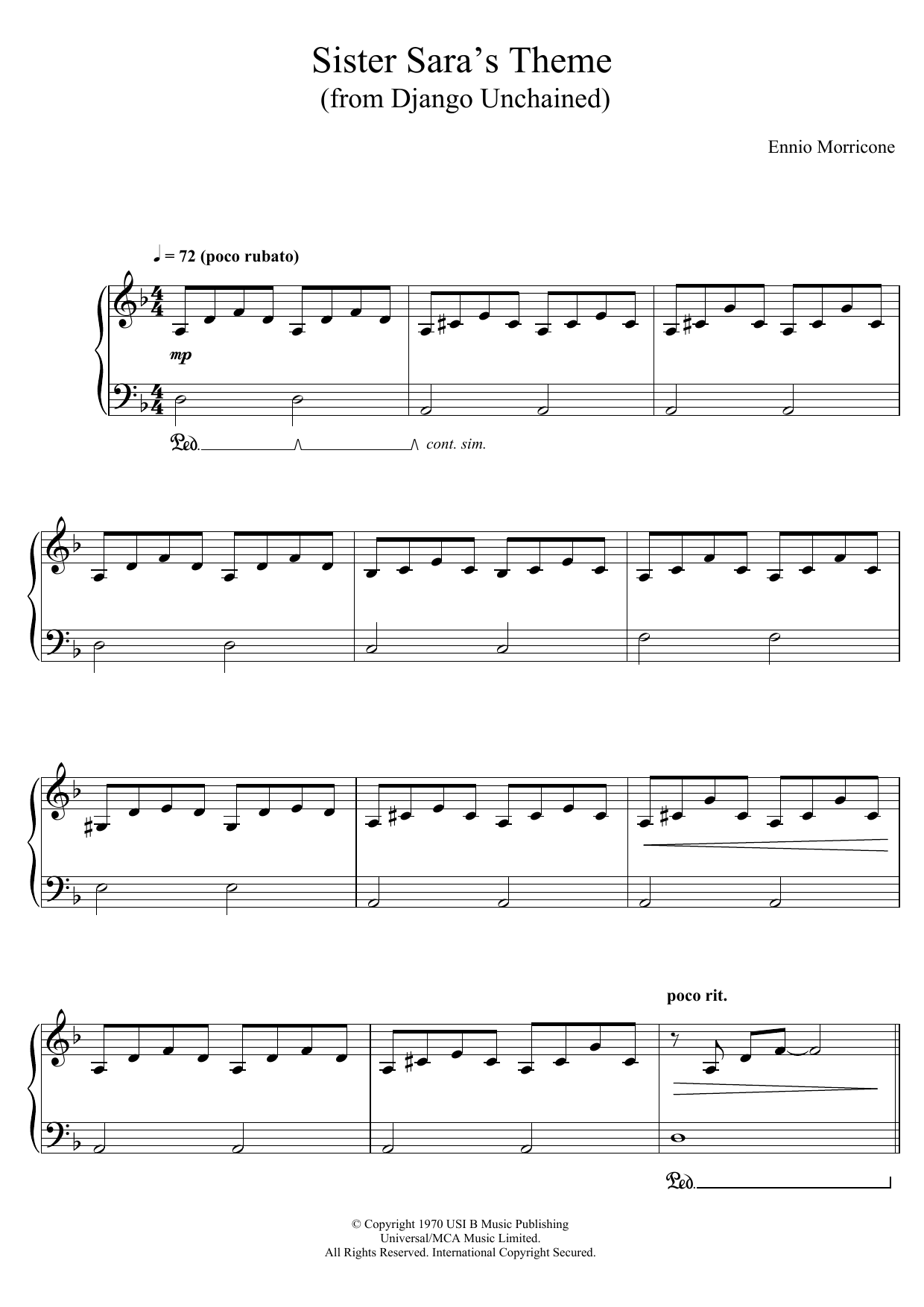 Ennio Morricone Sister Sara's Theme (Django Unchained) Sheet Music Notes & Chords for Piano - Download or Print PDF