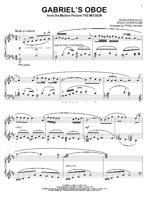 Preview Ennio Morricone Gabriel's Oboe (from The Mission) (arr. Phillip Keveren) Film and TV sheet music, notes and chords for Piano, SKU: 67922 Gabriel's Oboe (from The Mission) (arr. Phillip Keveren) sheet music