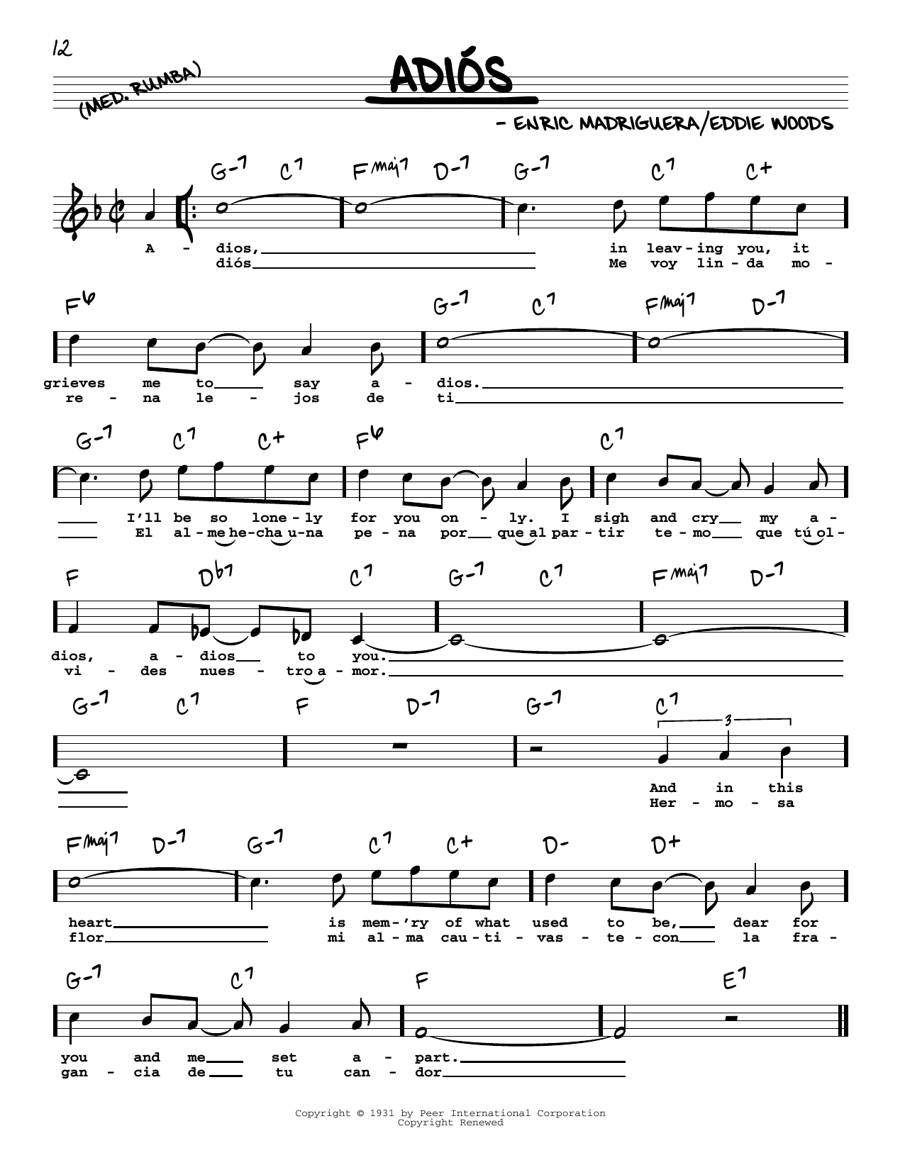 Enric Madriguera Adios (High Voice) Sheet Music Notes & Chords for Real Book – Melody, Lyrics & Chords - Download or Print PDF