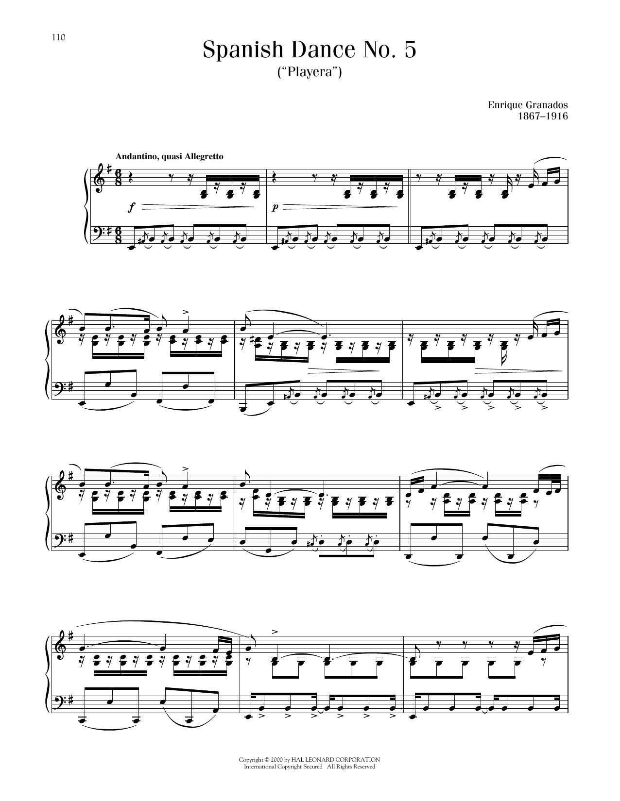Enrique Granados Playera, Op. 5, No. 5 Sheet Music Notes & Chords for Piano Solo - Download or Print PDF