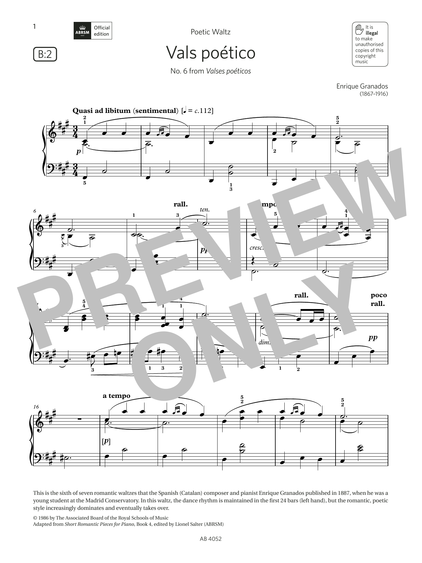 Enrique Granados Vals poético (Grade 6, list B2, from the ABRSM Piano Syllabus 2023 & 2024) Sheet Music Notes & Chords for Piano Solo - Download or Print PDF