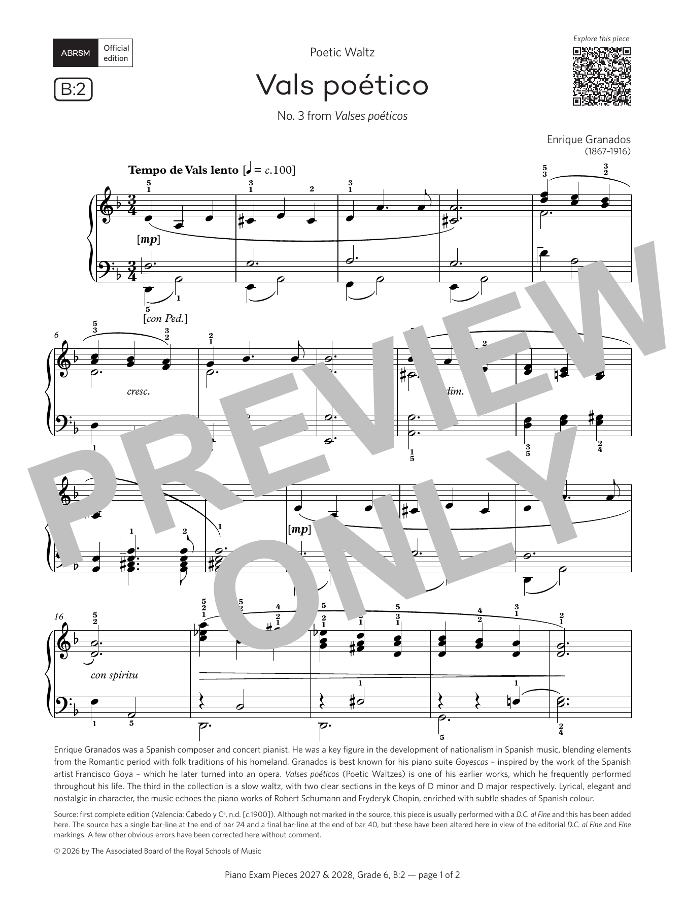 Enrique Granados Vals poético (Grade 6, list B2, from the ABRSM Piano Syllabus 2027 & 2028) Sheet Music Notes & Chords for Piano Solo - Download or Print PDF