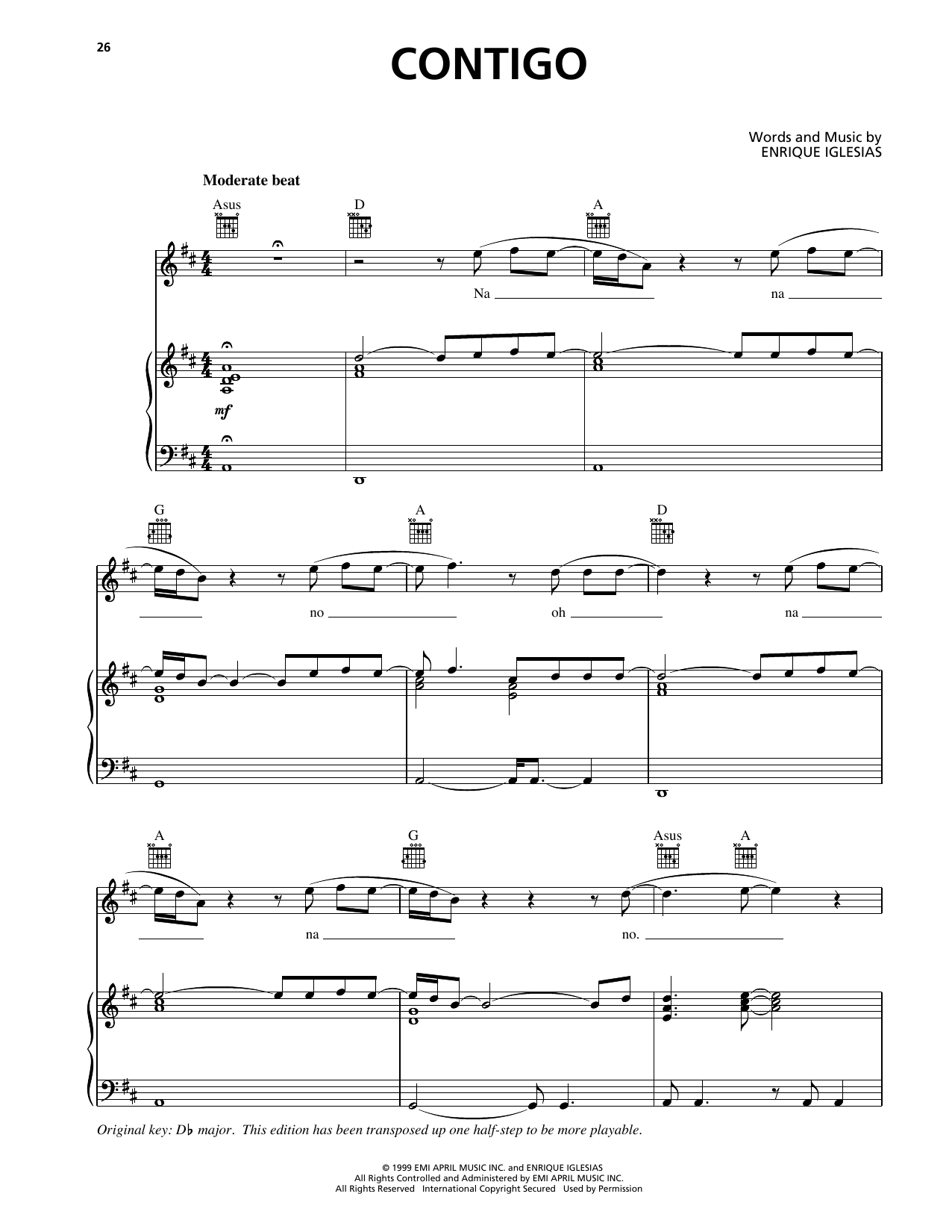 Enrique Iglesias Contigo Sheet Music Notes & Chords for Piano, Vocal & Guitar Chords (Right-Hand Melody) - Download or Print PDF