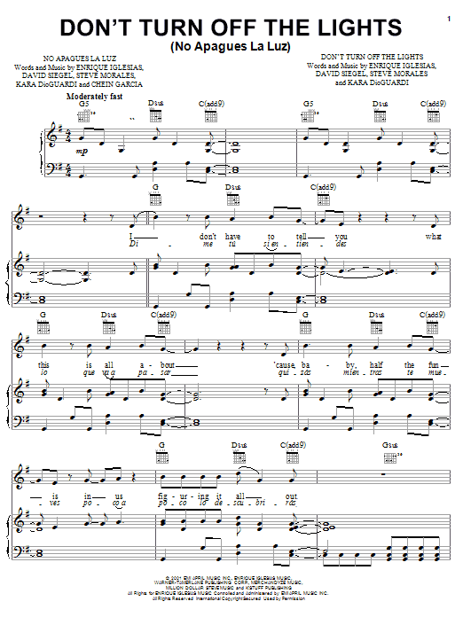 Enrique Iglesias Don't Turn Off The Lights Sheet Music Notes & Chords for Piano, Vocal & Guitar (Right-Hand Melody) - Download or Print PDF