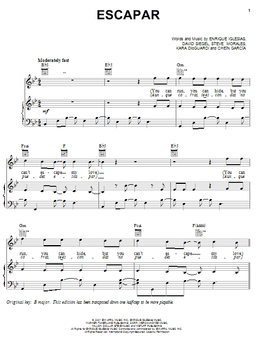 Enrique Iglesias Escapar Sheet Music Notes & Chords for Piano, Vocal & Guitar (Right-Hand Melody) - Download or Print PDF