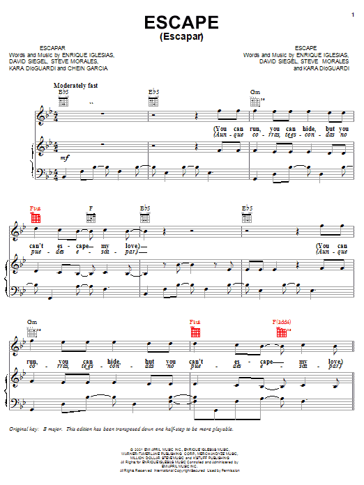 Enrique Iglesias Escape (Escapar) Sheet Music Notes & Chords for Piano, Vocal & Guitar (Right-Hand Melody) - Download or Print PDF
