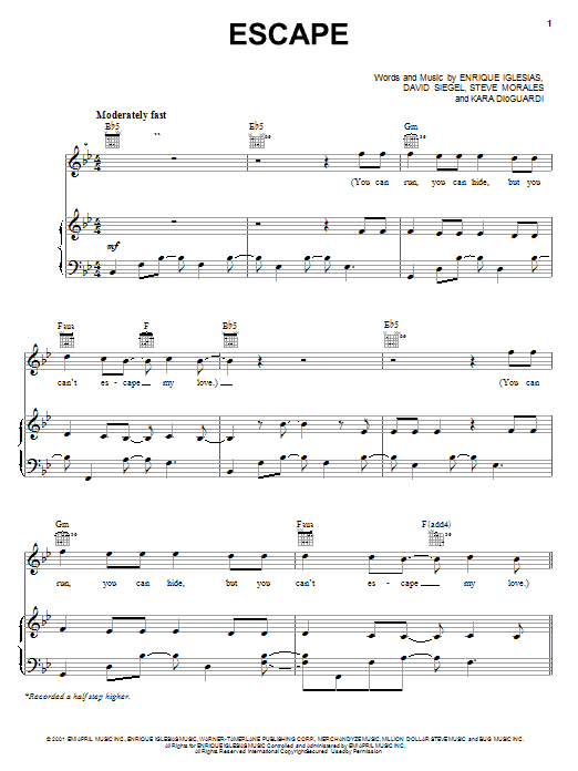 Enrique Iglesias Escape Sheet Music Notes & Chords for Piano, Vocal & Guitar (Right-Hand Melody) - Download or Print PDF