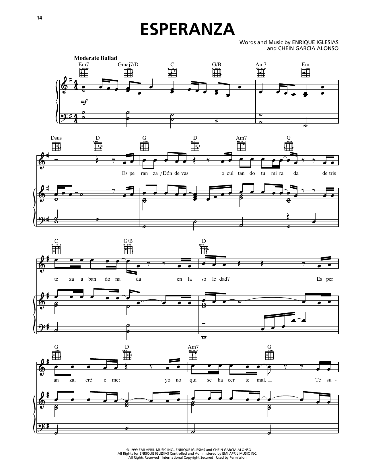 Enrique Iglesias Esperanza Sheet Music Notes & Chords for Piano, Vocal & Guitar Chords (Right-Hand Melody) - Download or Print PDF Enrique Iglesias Esperanza Sheet Music Notes & Chords for Piano, Vocal & Guitar Chords (Right-Hand Melody) - Download or Print PDF