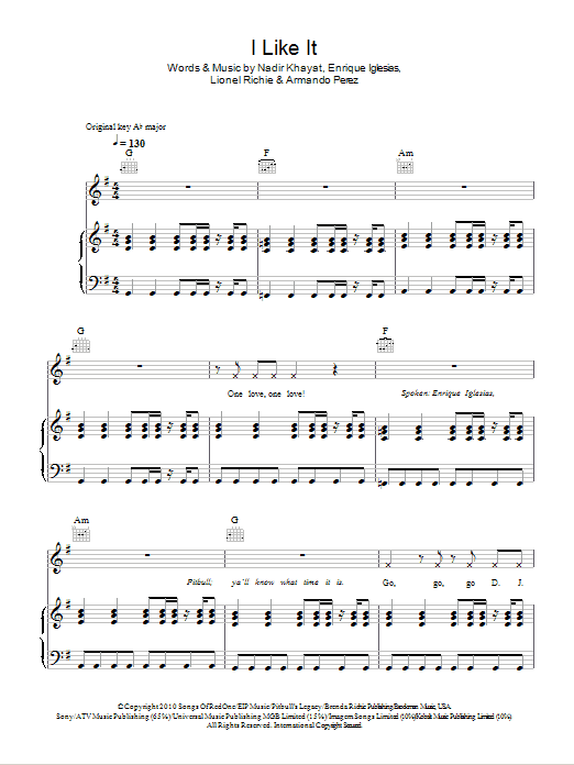 Enrique Iglesias feat. Pitbull I Like It Sheet Music Notes & Chords for Piano, Vocal & Guitar (Right-Hand Melody) - Download or Print PDF