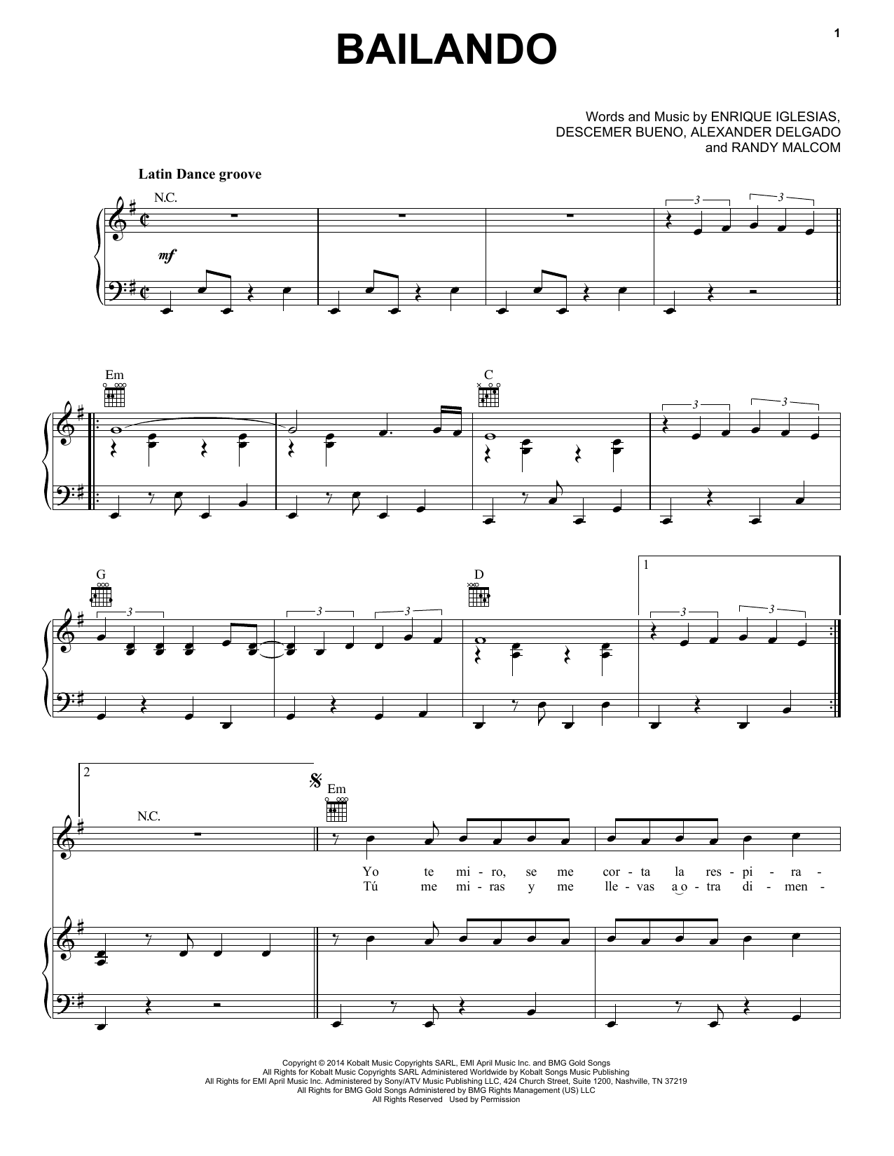 Enrique Iglesias Featuring Descemer Bueno and Gente de Zona Bailando Sheet Music Notes & Chords for Piano, Vocal & Guitar (Right-Hand Melody) - Download or Print PDF