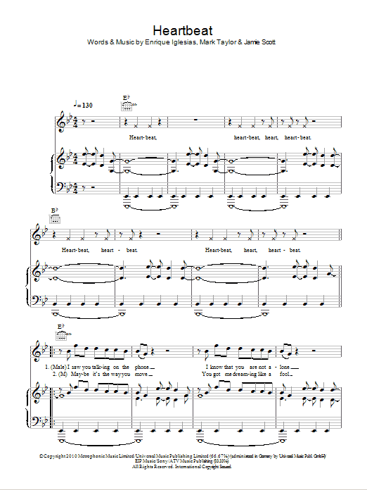 Enrique Iglesias featuring Nicole Scherzinger Heartbeat Sheet Music Notes & Chords for Piano, Vocal & Guitar (Right-Hand Melody) - Download or Print PDF