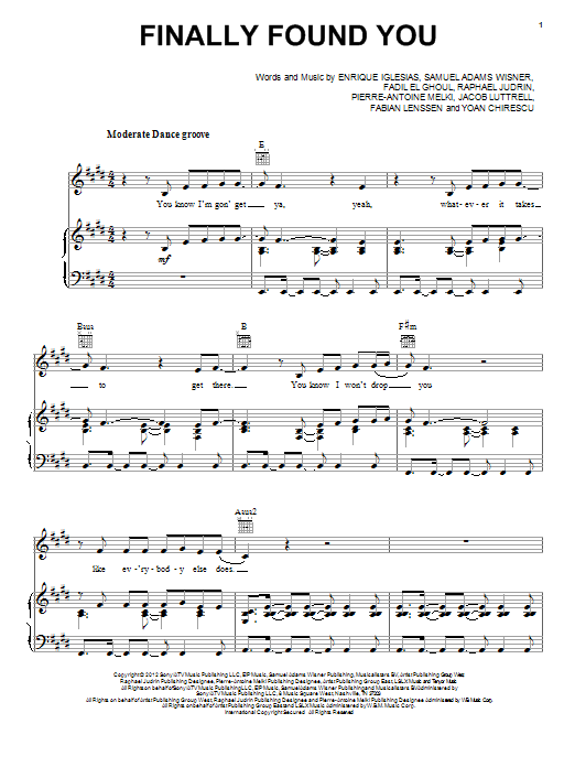 Enrique Iglesias Finally Found You Sheet Music Notes & Chords for Piano, Vocal & Guitar (Right-Hand Melody) - Download or Print PDF