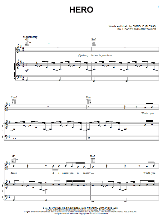 Enrique Iglesias Hero Sheet Music Notes & Chords for Piano, Vocal & Guitar - Download or Print PDF