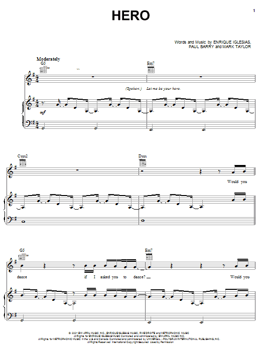 Enrique Iglesias Hero sheet music notes and chords. Download Printable PDF.