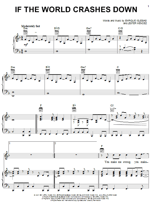 Enrique Iglesias If The World Crashes Down Sheet Music Notes & Chords for Piano, Vocal & Guitar (Right-Hand Melody) - Download or Print PDF