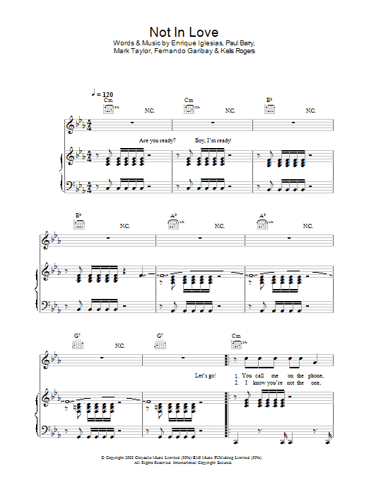 Enrique Iglesias Not In Love Sheet Music Notes & Chords for Piano, Vocal & Guitar - Download or Print PDF