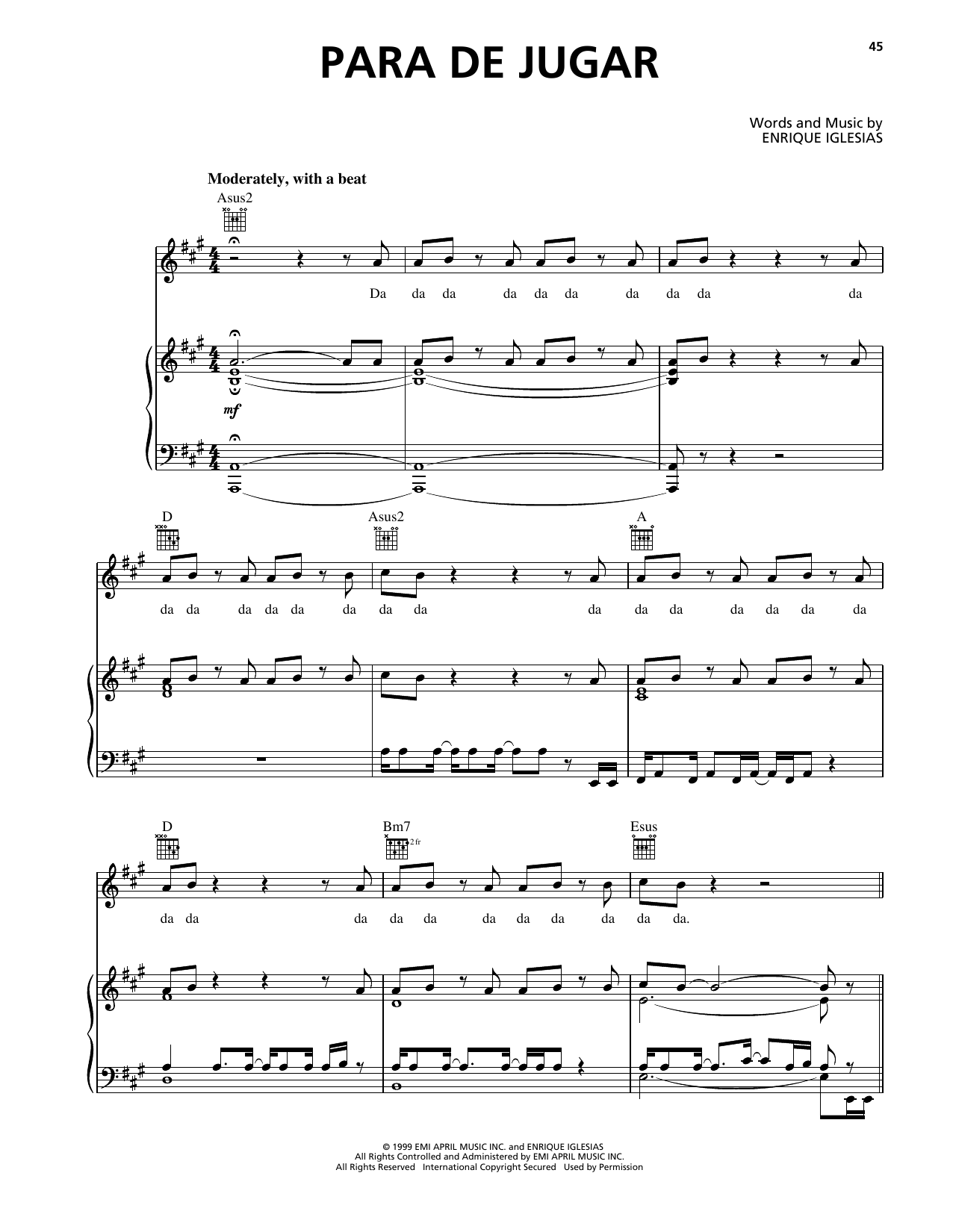 Enrique Iglesias Para De Jugar Sheet Music Notes & Chords for Piano, Vocal & Guitar Chords (Right-Hand Melody) - Download or Print PDF