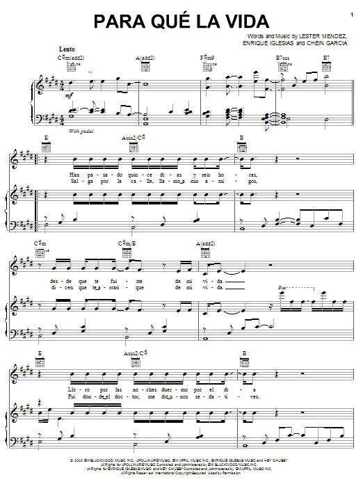 Enrique Iglesias Para Qué La Vida Sheet Music Notes & Chords for Piano, Vocal & Guitar (Right-Hand Melody) - Download or Print PDF