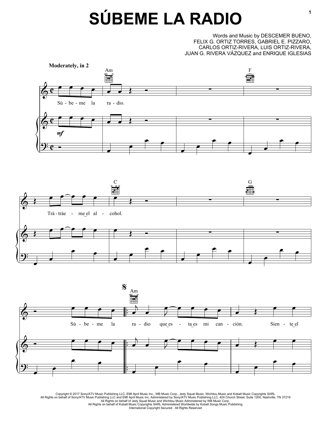 Enrique Iglesias Subeme La Radio Sheet Music Notes & Chords for Piano, Vocal & Guitar (Right-Hand Melody) - Download or Print PDF