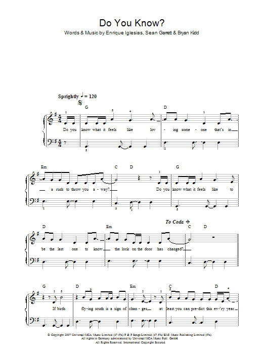 Enrique Inglesias Do You Know? Sheet Music Notes & Chords for Beginner Piano - Download or Print PDF