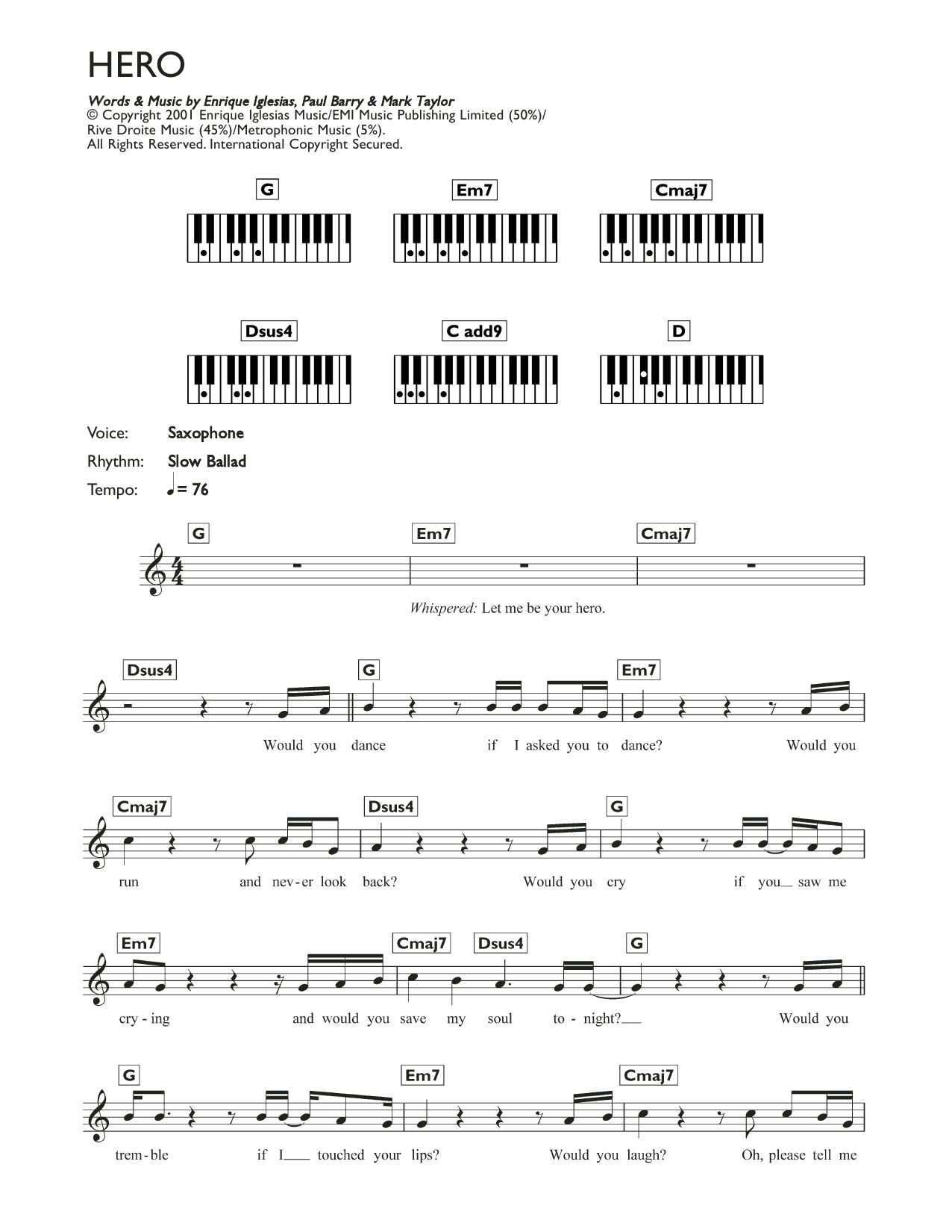Enrique Inglesias Hero Sheet Music Notes & Chords for Piano Chords/Lyrics - Download or Print PDF