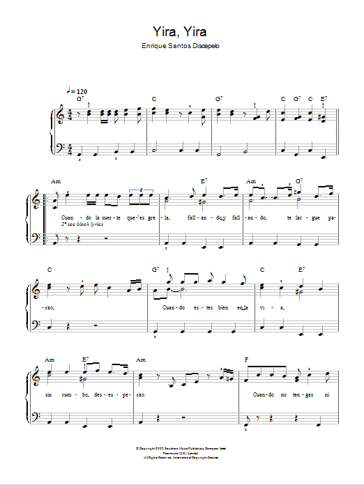 Enrique Santos Discepolo Yira, Yira Sheet Music Notes & Chords for Easy Piano - Download or Print PDF