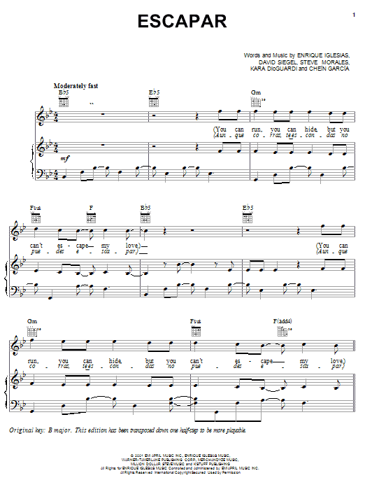 Preview Enrique Iglesias Escapar Pop sheet music, notes and chords for Piano, Vocal & Guitar (Right-Hand Melody), SKU: 24079 sheet music, piano notes, chords, guitar tabs, score, transpose, transcribe, how to play, guide, download, learn, tutorial, progression, song, artist, awards, billboard, mtv, vh1, tour, single, album, release