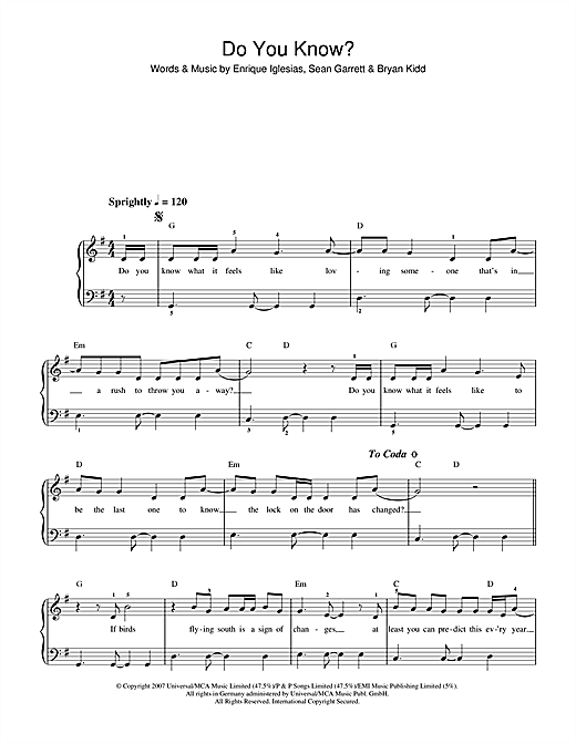 Enrique Inglesias Do You Know? Sheet Music Notes & Chords for Beginner Piano - Download or Print PDF
