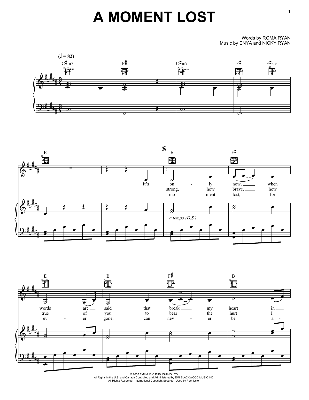 Enya A Moment Lost Sheet Music Notes & Chords for Piano, Vocal & Guitar (Right-Hand Melody) - Download or Print PDF