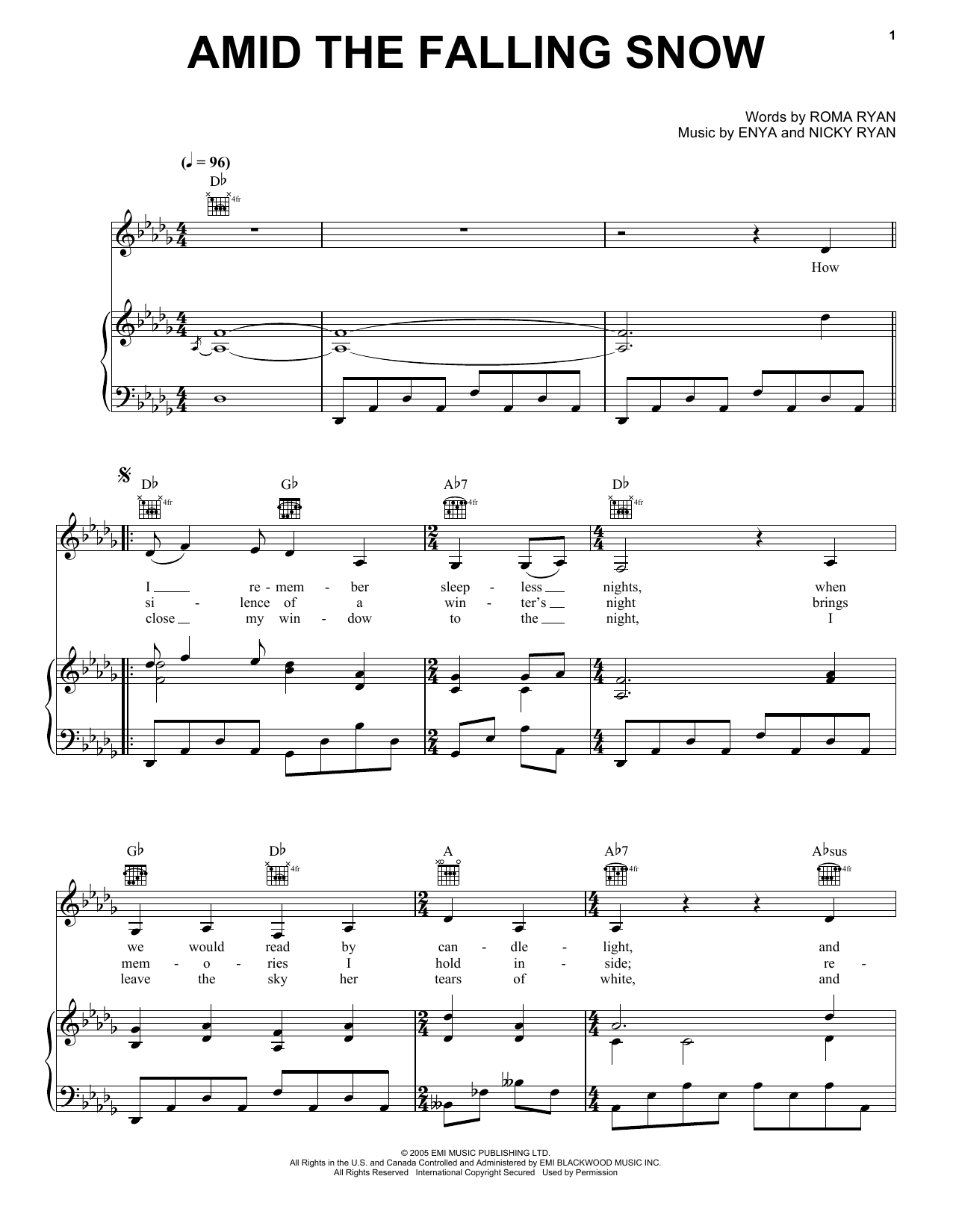 Enya Amid The Falling Snow Sheet Music Notes & Chords for Piano, Vocal & Guitar (Right-Hand Melody) - Download or Print PDF