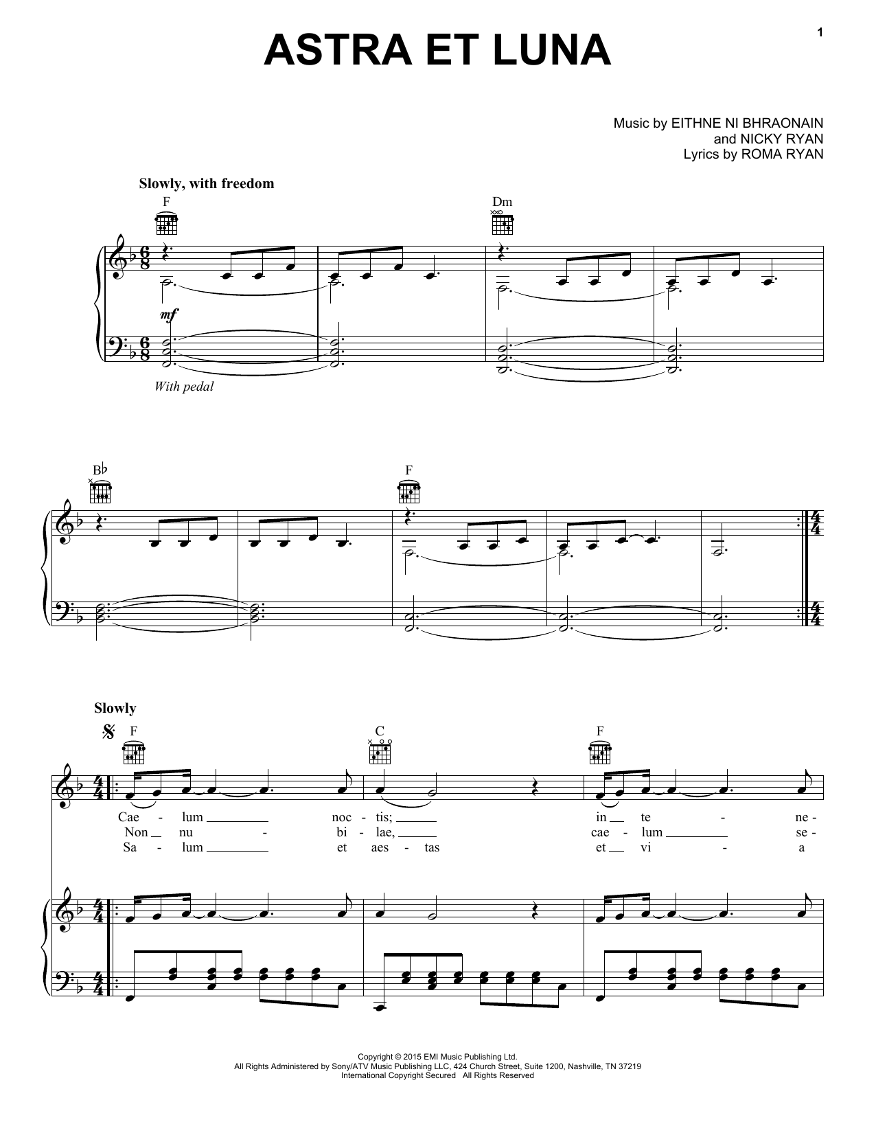 Enya Astra Et Luna Sheet Music Notes & Chords for Piano, Vocal & Guitar (Right-Hand Melody) - Download or Print PDF
