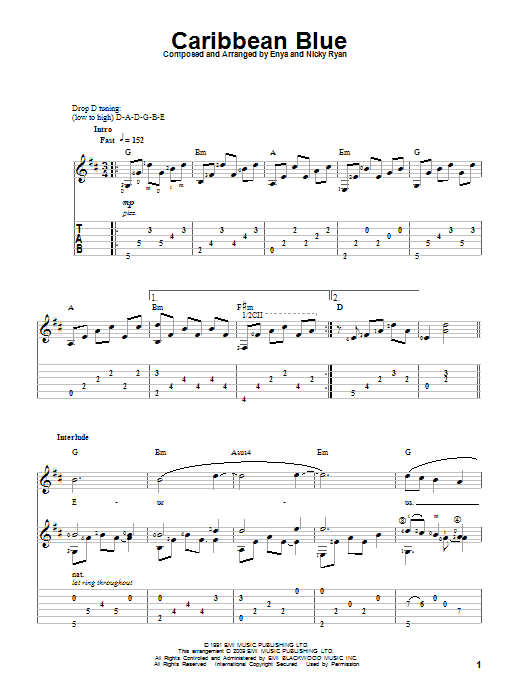 Enya Caribbean Blue Sheet Music Notes & Chords for Guitar Tab - Download or Print PDF