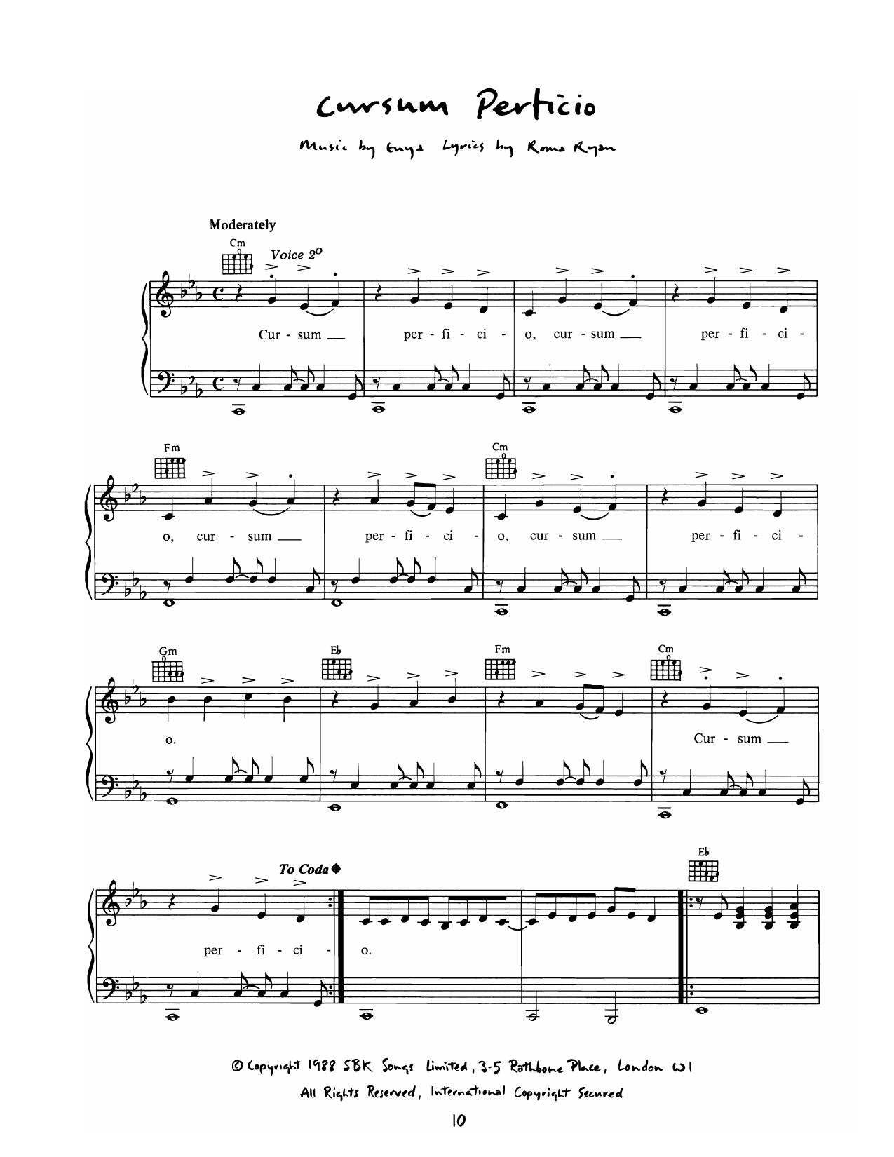 Enya Cursum Perticio Sheet Music Notes & Chords for Piano, Vocal & Guitar Chords (Right-Hand Melody) - Download or Print PDF