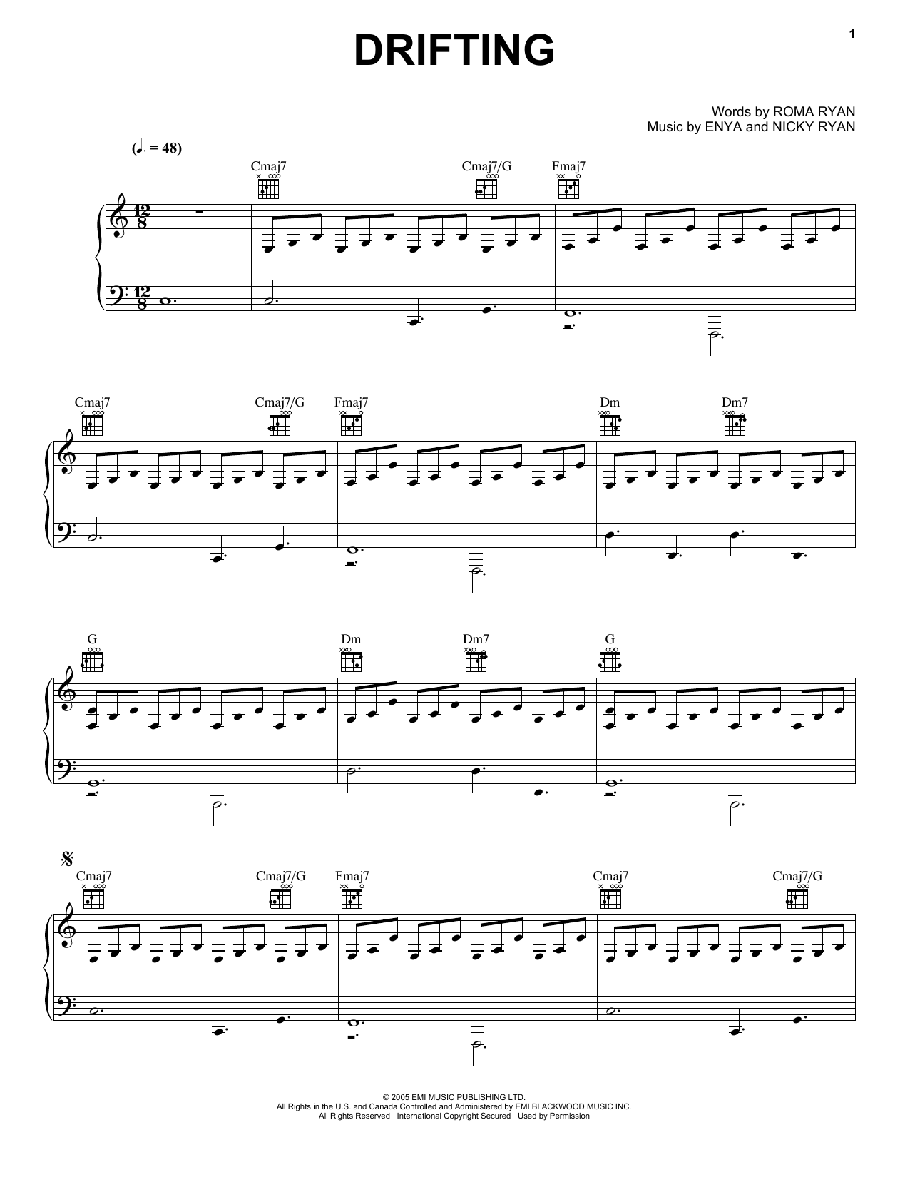 Enya Drifting Sheet Music Notes & Chords for Piano, Vocal & Guitar (Right-Hand Melody) - Download or Print PDF