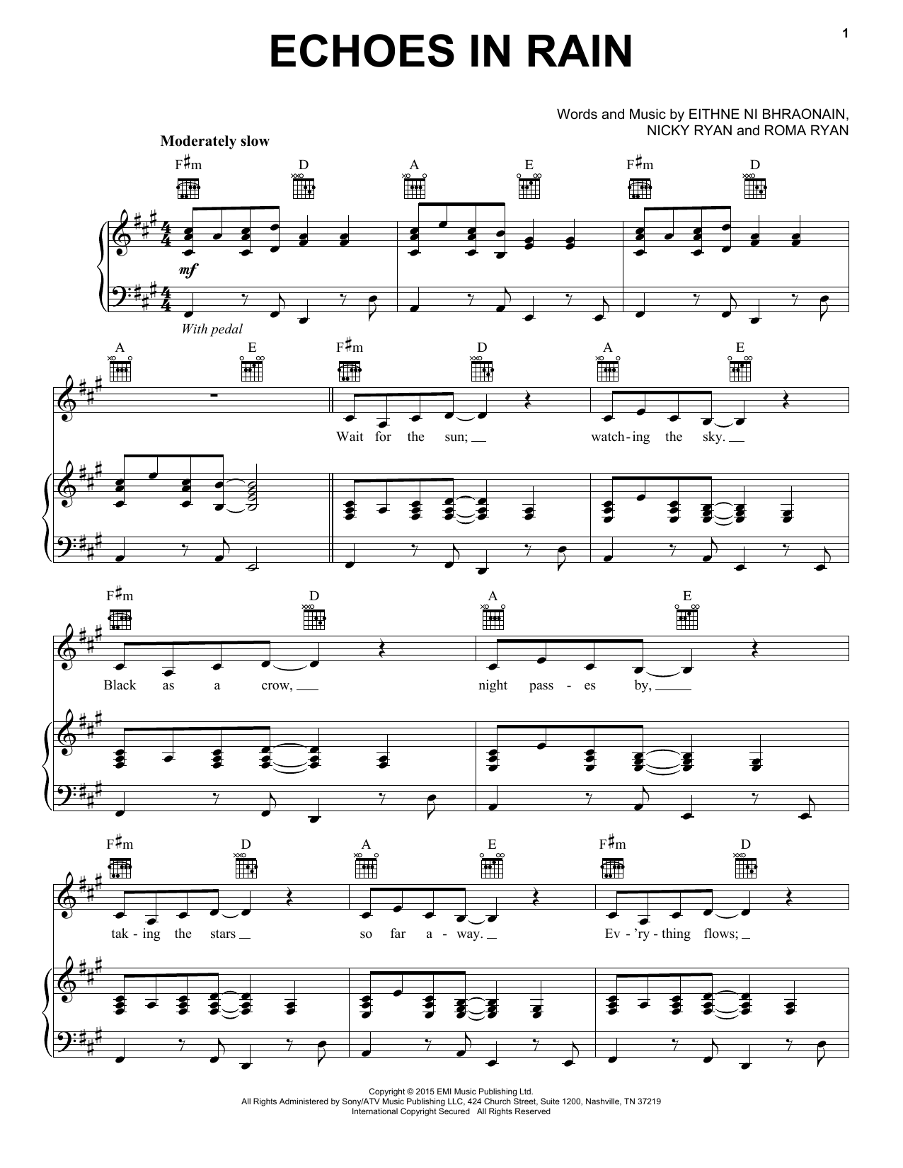 Enya Echoes In Rain Sheet Music Notes & Chords for Piano, Vocal & Guitar (Right-Hand Melody) - Download or Print PDF