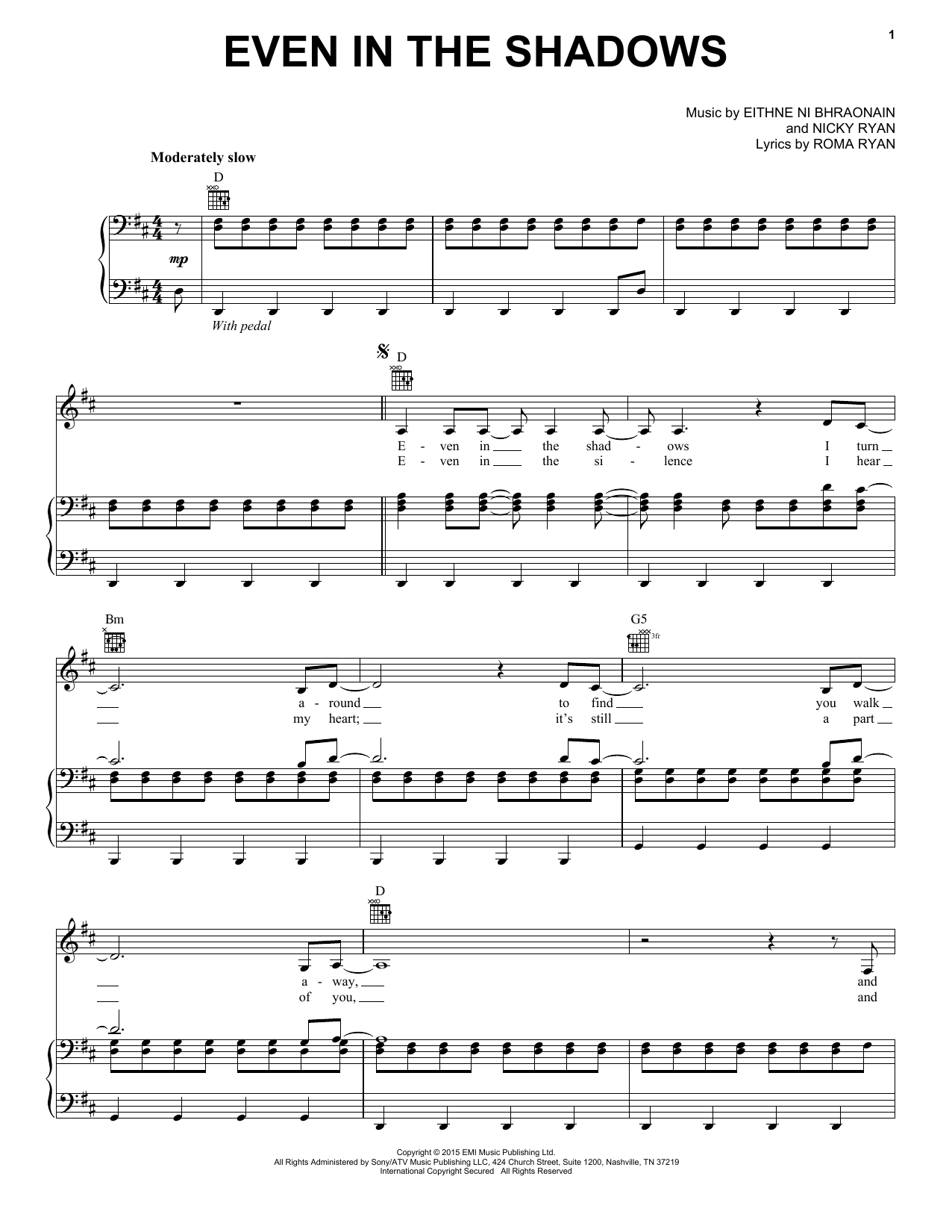 Enya Even In The Shadows Sheet Music Notes & Chords for Piano, Vocal & Guitar (Right-Hand Melody) - Download or Print PDF