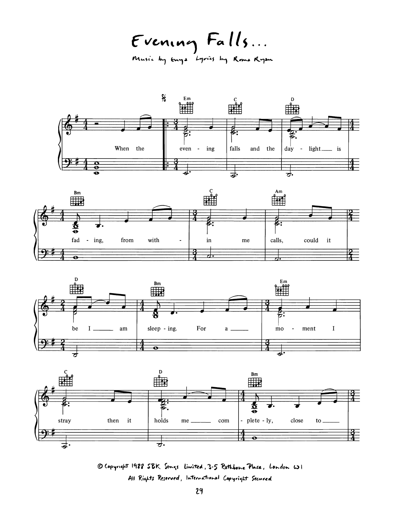 Enya Evening Falls Sheet Music Notes & Chords for Piano, Vocal & Guitar Chords (Right-Hand Melody) - Download or Print PDF