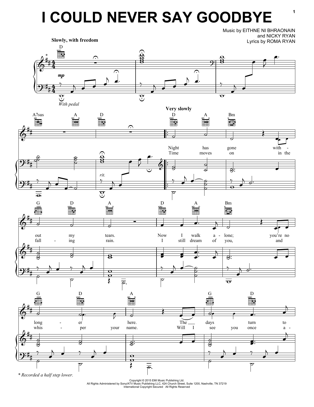 Enya I Could Never Say Goodbye Sheet Music Notes & Chords for Piano, Vocal & Guitar (Right-Hand Melody) - Download or Print PDF