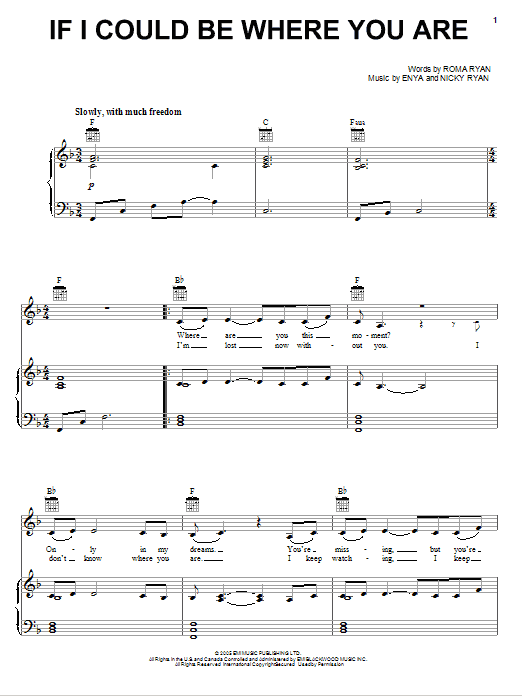Enya If I Could Be Where You Are Sheet Music Notes & Chords for Piano, Vocal & Guitar (Right-Hand Melody) - Download or Print PDF