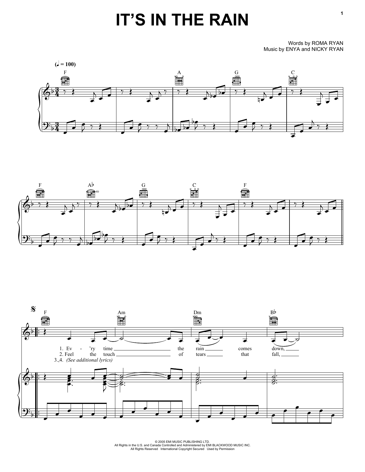 Enya It's In The Rain Sheet Music Notes & Chords for Piano, Vocal & Guitar (Right-Hand Melody) - Download or Print PDF