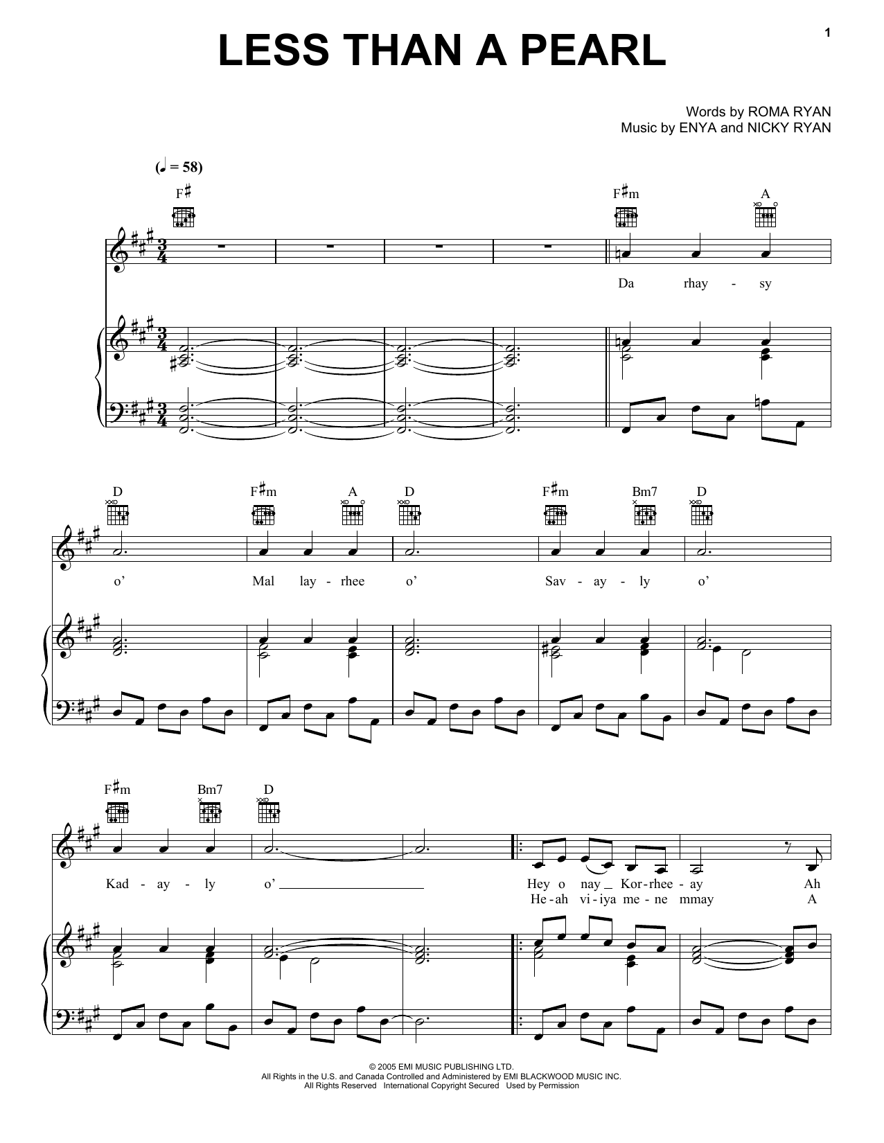 Enya Less Than A Pearl Sheet Music Notes & Chords for Piano, Vocal & Guitar (Right-Hand Melody) - Download or Print PDF