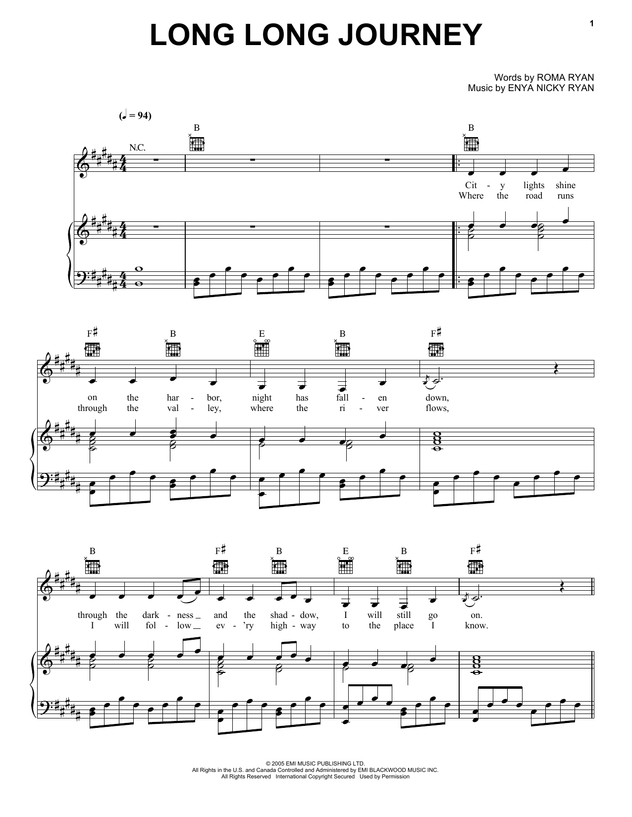 Enya Long Long Journey Sheet Music Notes & Chords for Piano, Vocal & Guitar (Right-Hand Melody) - Download or Print PDF