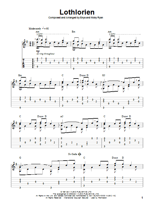 Enya Lothlorien Sheet Music Notes & Chords for Guitar Tab - Download or Print PDF