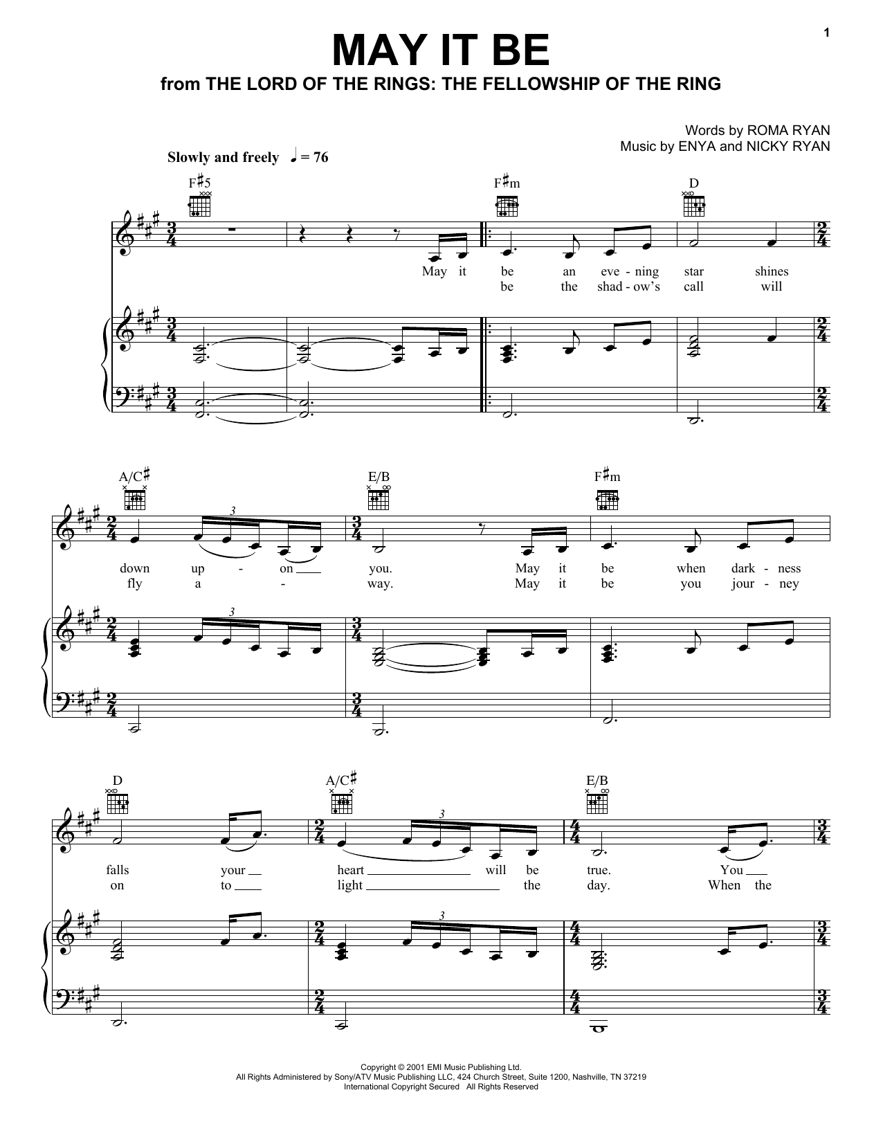 Enya May It Be Sheet Music Notes & Chords for Piano, Vocal & Guitar (Right-Hand Melody) - Download or Print PDF