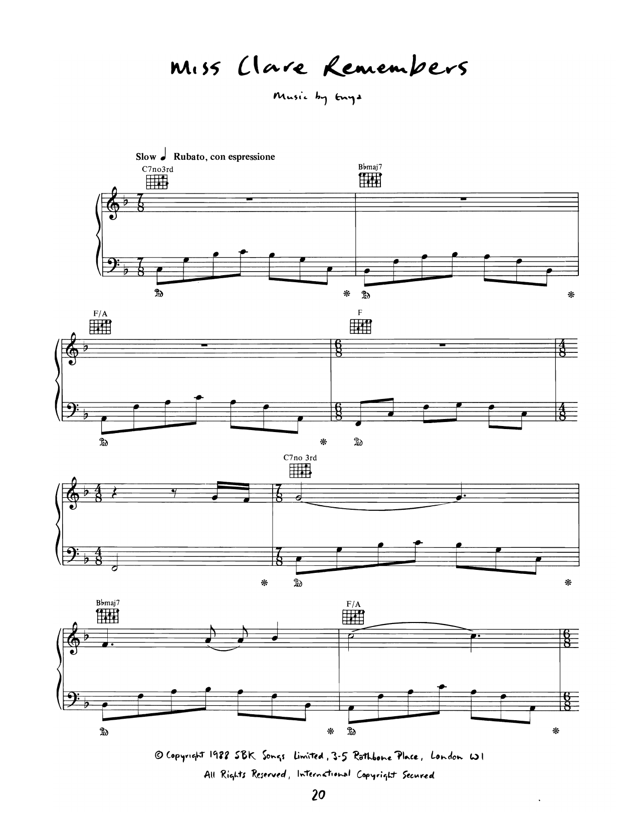 Enya Miss Clare Remembers Sheet Music Notes & Chords for Piano Solo - Download or Print PDF