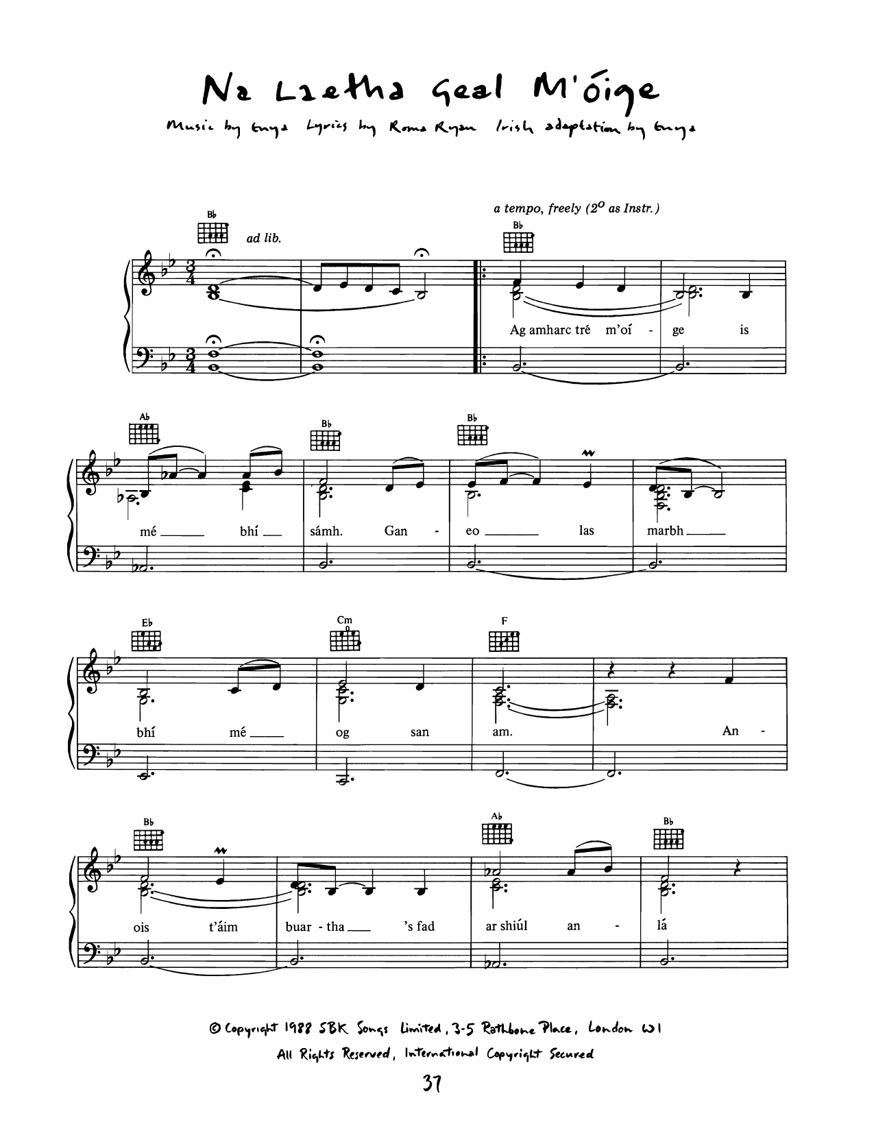Enya Na Laetha Geal Moige Sheet Music Notes & Chords for Piano, Vocal & Guitar Chords (Right-Hand Melody) - Download or Print PDF
